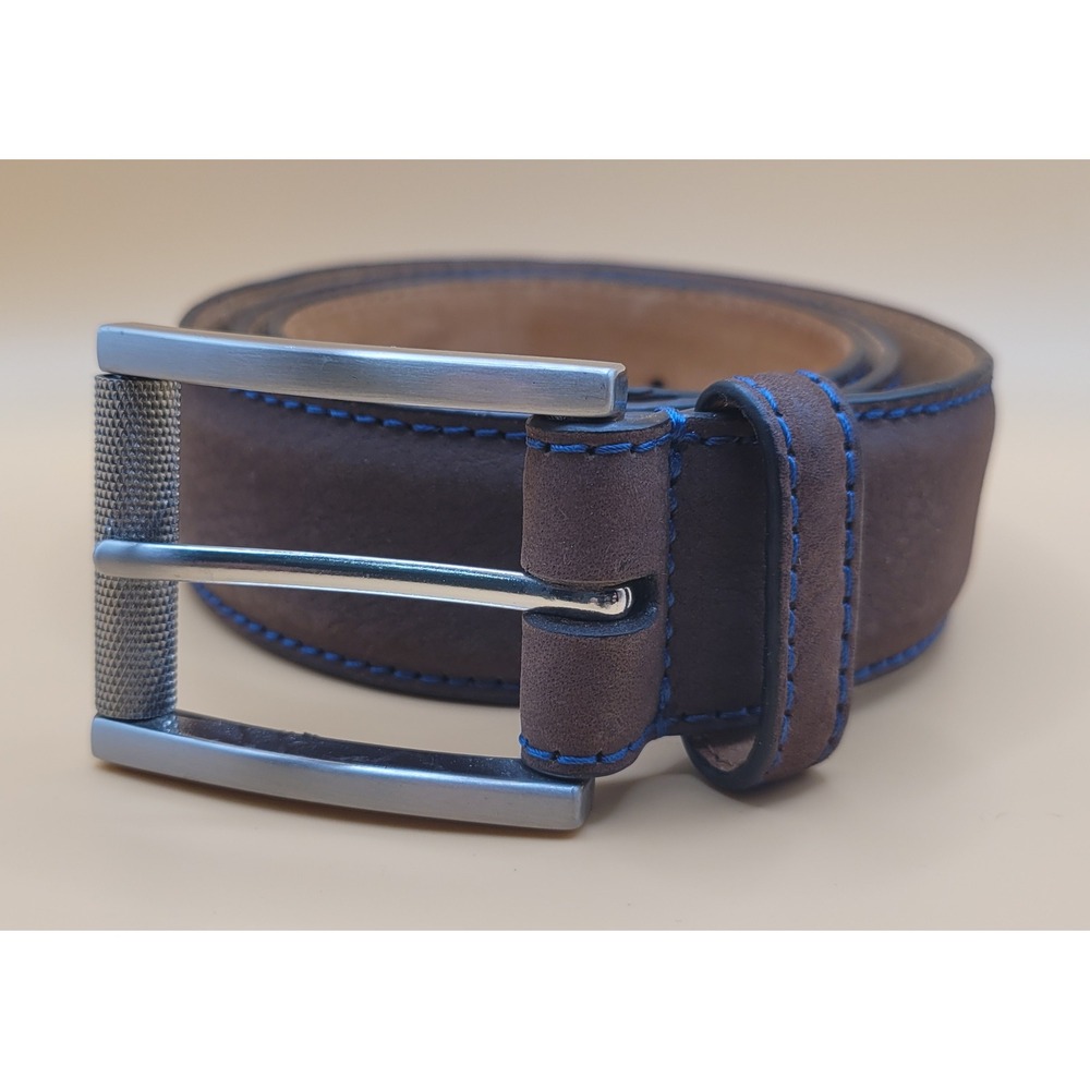 Robert Graham Mens Brown Leather Belt 32 Blue Stitch Silver Roller Buckle 6613